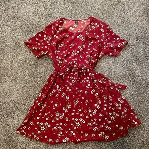 Floral Red Belted Dress